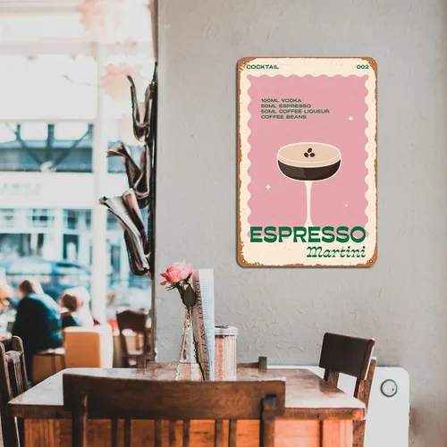 Vista 3 de Arte de pared Espresso Martini – Cartel de metal retro de cóctel para decoración de bar del hogar, regalos de Martini expreso, arte de Martini