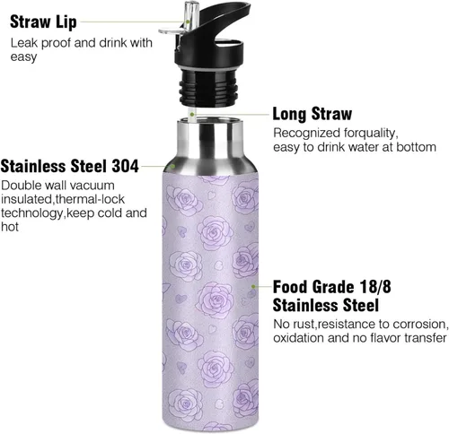 Vista 3 de Soft Pastel Style Roses Stainless Steel Vacuum Insulated Water Bottle 20 Oz, BPA-Free Sports Water Bottle Leakproof Water Bottles