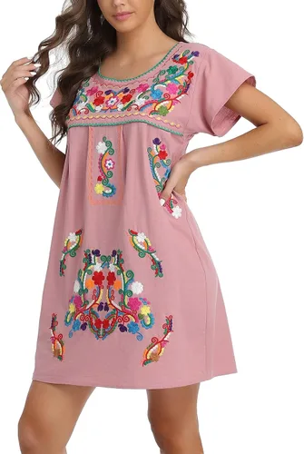 Vista 30 de YZXDORWJ Vestido bordado mexicano de manga corta para mujer 222BK