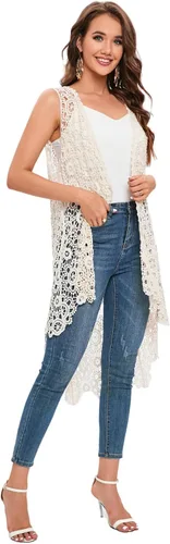 Vista 6 de Chaleco largo casual de ganchillo para mujer, ajuste holgado, con encaje, estilo bohemio, cárdigan sin mangas
