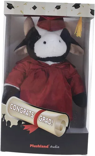 Vista 3 de Plushland Juguetes de peluche de vaca, regalos para el día de graduación, texto personalizado, nombre o logotipo de tu escuela en el vestido, lo