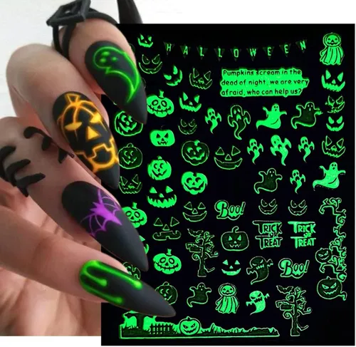 Vista 9 de Calcomanías de uñas de Halloween, que brillan en la oscuridad, calcomanías de uñas luminosas 3D, autoadhesivas, calabaza, calavera, murciélago