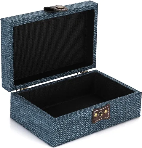 Vista 9 de Hipiwe Joyero de cofre del tesoro, caja decorativa de madera con cierre, caja de recuerdos cubierta de lino, caja de recuerdos rectangular