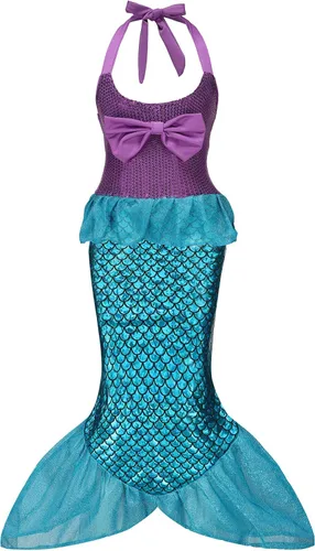 Vista 4 de Disfraz de sirena para niñas, Ariel, princesa, cumpleaños, Halloween, cosplay, con accesorios para peluca