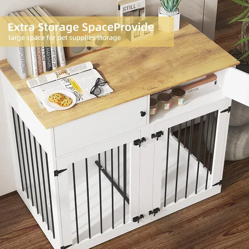 Vista 4 de Perrera de madera para perros de 41 pulgadas, muebles para perros con muebles estilo jaulas y mesa para perros medianos, divisor extraíble, puertas