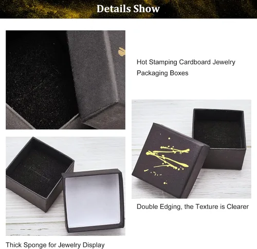 Vista 4 de NBEADS 12 cajas de joyería de cartón, 2 x 2 x 1.3 pulgadas, cajas de joyería de cartón con estampado dorado negro cuadrado negro con esponja negra