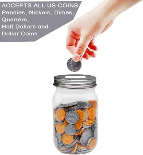 Vista 3 de Paquete de 4 tarros pequeños para monedas, de plástico transparente de 16 onzas, con tapas ranuradas plateadas, pequeñas alcancías de plástico