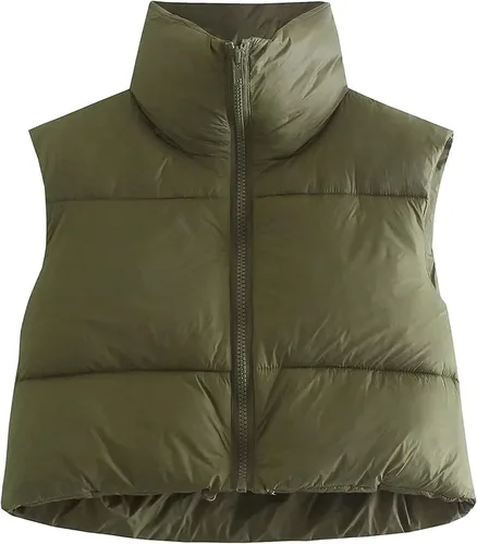 Vista 5 de Yeokou Chaleco acolchado recortado para mujer, con cremallera, cuello alto, sin mangas, con bolsillos