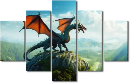 Vista 86 de Lienzo decorativo para pared de sala de estar, lienzo de dragón, 5 paneles, dragón verde, decoración de pared para el hogar, decoración de pared