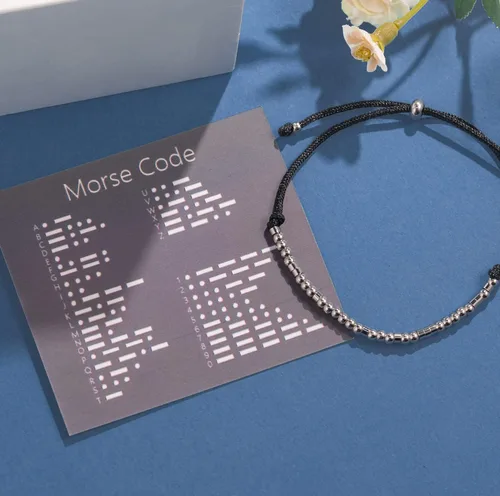 Vista 2 de ASELFAD - Pulseras para mujer con código morse, cuentas de plata de ley en un cordón, regalo de joyería divertida para amistades, regalo para su