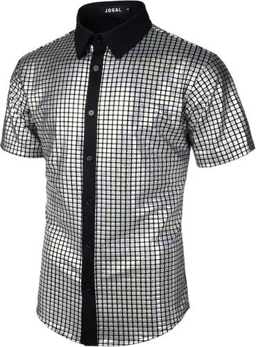 Vista 2 de JOGAL Camisa de vestir para hombre de lentejuelas plateadas manga corta botones hacia abajo de los años 70