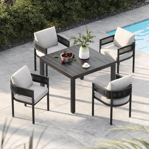 Vista 23 de Juego de comedor al aire libre Grand Patio de 5 piezas para 4, sillas de patio fijas de mimbre tejido metálico con cojines engrosados y 1 mesa