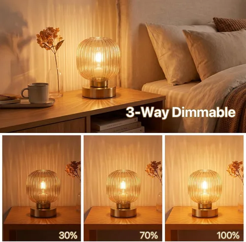 Vista 3 de Elenhome Lámpara de mesa táctil, regulable de 3 vías con pantalla de vidrio, base de acabado de latón, lámpara de mesita de noche pequeña moderna