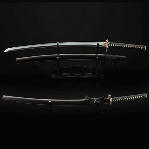 Vista 4 de Rare Boutique - Espada samurái japonesa hecha a mano de dragón dorado Tsuba, Katana real, arcilla templada, hoja afilada de acero plegado