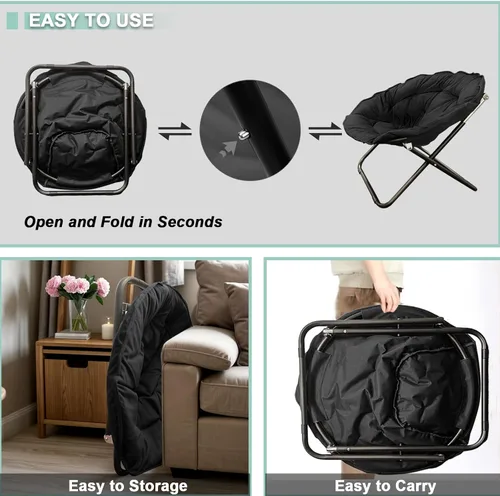 Vista 5 de Silla plegable, silla platillo con marco de metal, cómodas sillas de luna para dormitorio, sala de estar, apartamentos, camping, descanso, jardín