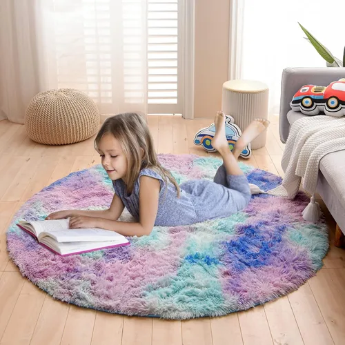 Vista 4 de A Nice Night Alfombra Redonda Azul Púrpura – Alfombra Circular Esponjosa Tie Dye de 5'X5' para Niños, Adolescentes y Habitación de Bebé, Alfombra