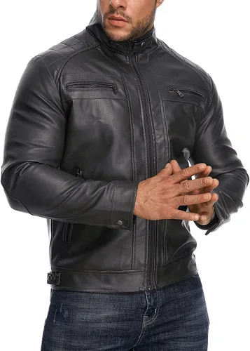 Vista 6 de HOOD CREW Chaqueta de cuero con cuello alto para hombre, chaqueta casual de piel sintética para motocicleta, abrigo con bolsillos con cremallera