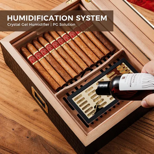 Vista 4 de Woodronic Humidor de puros para 80 unidades con higrómetro digital, bandeja y divisores forrados de cedro español, humidificador de gel de cristal