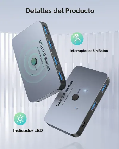 Vista 3 de Interruptor USB, ABLEWE Conmutador USB 3.0 de Aluminio 2 Computadoras Compartiendo 4 Dispositivos USB para Impresora PC Escáner Ratón Teclado con 2