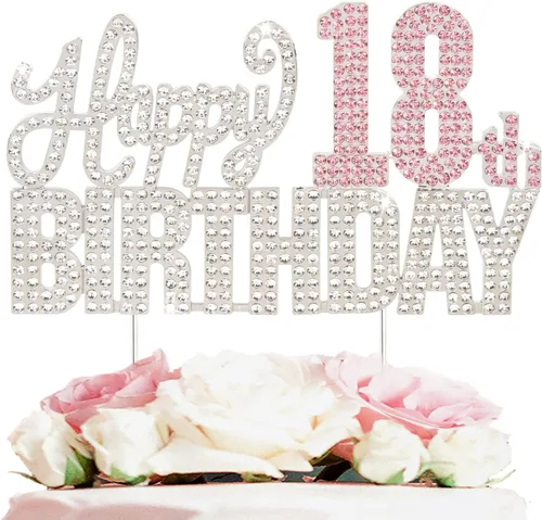 Vista 26 de Decoración de pastel de diamantes de imitación rosa y plateado con texto en inglés "Cheers to 11 Years Old Eleven Bday" de metal brillante