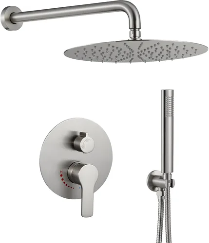 Vista 11 de Sistema de ducha de oro cepillado de 12 pulgadas para baño, cabezal de ducha de lluvia dorado de alta presión con rociador de mano, accesorios
