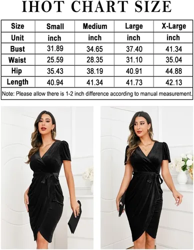 Vista 4 de IHOT Vestido sexy de terciopelo cruzado con cuello en V para mujer, manga corta, fruncido, vestido de fiesta de cóctel
