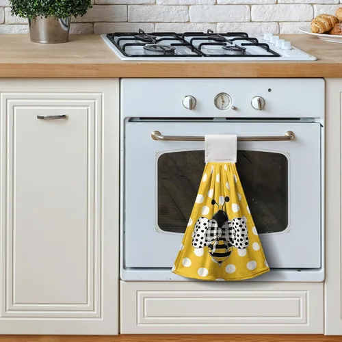 Vista 7 de Honey Bee - Juego de 2 toallas colgantes de cocina de verano con lunares y lazo para colgar, toallas de cocina de granja amarillas, suaves