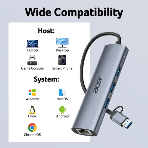 Vista 7 de Acer USB to Ethernet Adapter, USBC Hub Ethernet 1Gbps with 3*USB 3.0