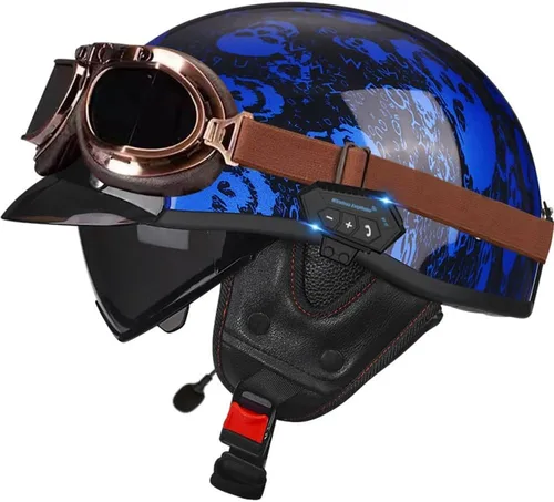 Vista 16 de Casco de cara abierta con Bluetooth para hombres y mujeres, casco retro de estilo alemán con diseño de calavera, visera con gafas, casco de media