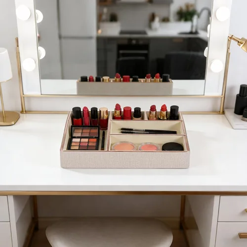 Vista 4 de Bandeja organizadora de maquillaje de piel sintética, organizador grande de tocador, caja de almacenamiento de cosméticos para pinceles de lápiz