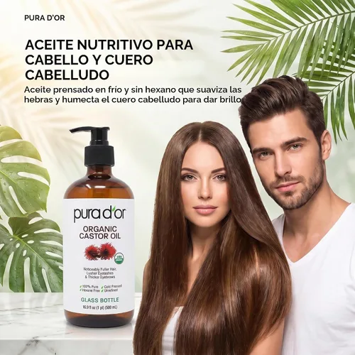 Vista 5 de PURA D'OR ORGANIC Castor Oil (GLASS BOTTLE) Pure Cold-Pressed, 16.9oz