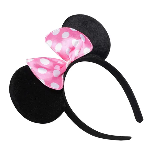 Vista 4 de CrushJoy-US 20 piezas de orejas de Mickey y Minnie Mouse, color sólido negro y lazo rosado, diadema para niños y niñas (rosado y negro)