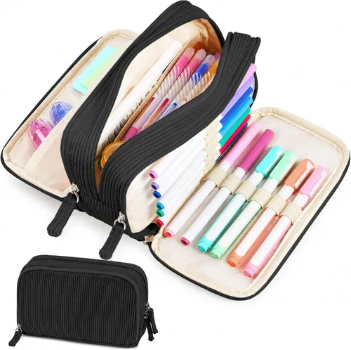 Vista 10 de Sooez Estuche de Lápices de Gran Capacidad con Funda para Bolígrafos, Bolsa de Lápiz de Corduroy Suave con 3 Compartimentos, Múltiples Bolsillos