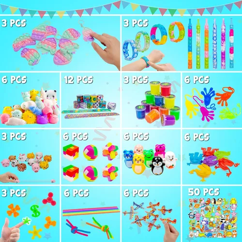 Vista 4 de DQstar Juguete de recuerdos de fiesta para niños de 4 a 8 a 12 años, premios de caja del tesoro para aula, bolsas de regalo, juguetes de caja