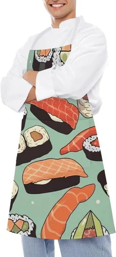 Vista 4 de MUSM Sushi Food Pattern Apron，Classic Vintage Funny with Pockets Aprons,Adjustable Bib Waterdrop Resistant for Kitchen Cooking Restaurant BBQ
