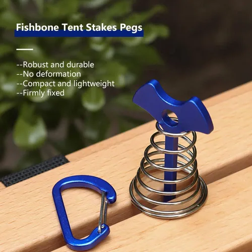 Vista 2 de Fishbone - Estacas de anclaje para cubierta con mosquetones, estacas de aluminio para tienda de campaña con hebilla de resorte, resistente al viento