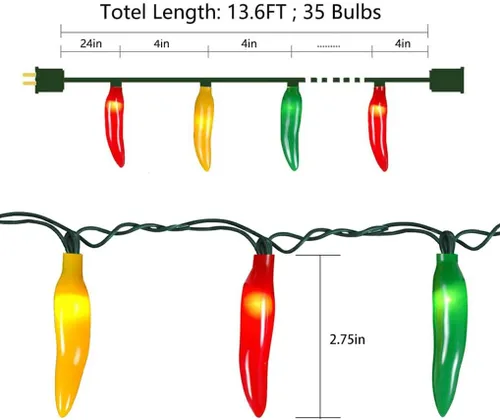 Vista 2 de Guirnalda de luces de Navidad de chile de 13.6 pies con 35 chiles calientes multicolor blanco cálido, luces incandescentes de pimienta