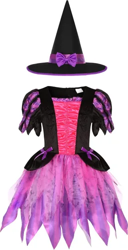Vista 2 de Doxrmuru Disfraz de bruja para niñas, disfraz de bruja con luz LED para Halloween