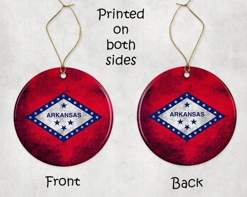 Vista 3 de Bandera rústica del estado de Arkansas, adorno navideño para árbol de Navidad de Estados Unidos, adorno de Navidad, adorno de Navidad impreso