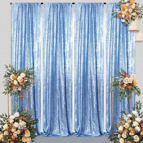 Vista 4 de Juya Delight 2 cortinas de fondo de lentejuelas brillantes de 2 x 8 pies, color azul bebé, telón de fondo de fotos con purpurina azul para bodas