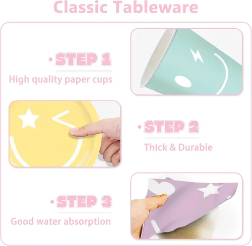 Vista 5 de 199 piezas de decoración de cumpleaños con cara sonriente y juego de platos temáticos y servilletas con temática de pastel sonriente, globo