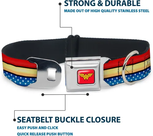 Vista 4 de Buckle-Down Collar de perro con hebilla de cinturón de seguridad, diseño de mujer maravilla, rayas, estrellas, rojo, oro, azul, blanco, 1 pulgada