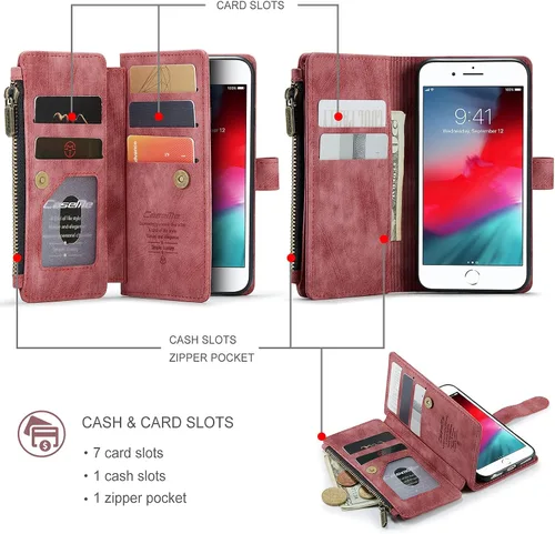 Vista 2 de UEEBAI - Funda tipo cartera para iPhone 7 Plus/iPhone 8 Plus, hecha a mano, de piel sintética, ranuras para tarjetas, cierre magnético, bolsillo