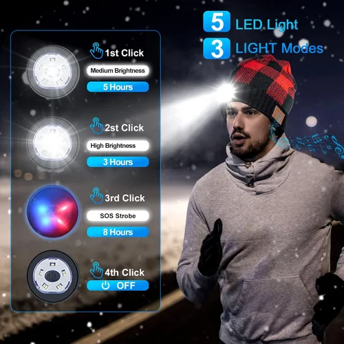 Vista 2 de Gorro Bluetooth con luz, gorro unisex recargable con auriculares Bluetooth inalámbricos, gorra de invierno para campamento, Navidad, cumpleaños