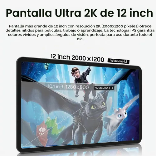 Vista 4 de Tablet de pantalla grande de 12 pulgadas, Android 15 Tablet 16GB RAM 256GB ROM, 2K 2000x1200 Incell Widevine L1 Display, tabletas