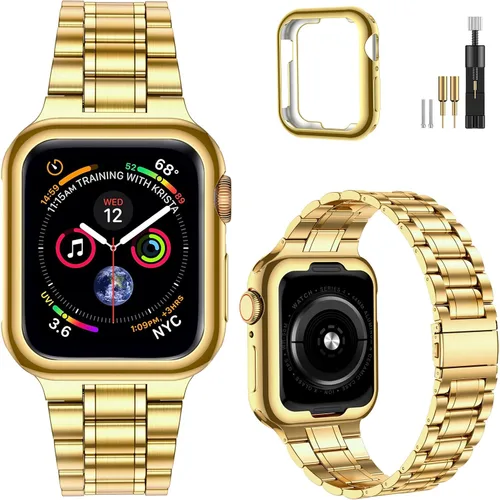Vista 7 de MioHHR - Correas sólidas de acero inoxidable compatibles con Apple Watch de 38 mm, 40 mm, 41 mm, correa de metal con estuche suave de TPU para Negro