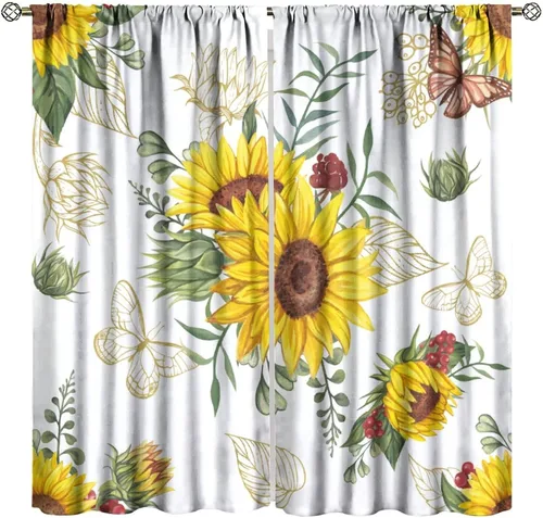 Vista 15 de Cortinas opacas de girasol, diseño natural, de granja, floral, con bolsillo para barra, para ventana, para dormitorio, sala de estar, 42 x 45