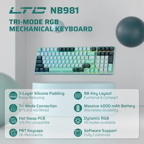 Vista 2 de LTC Nimbleback NB981 - Teclado mecánico inalámbrico al 95%, 2.4G/BT/USB-C con cable RGB 98 teclas, amortiguador de 3 capas, PCB de intercambio