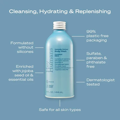 Vista 3 de Hey Humans Gel de baño hidratante de menta de coco con ingredientes naturales y aceite de jojoba, limpio, vegano, sin sulfatos para baño y baño