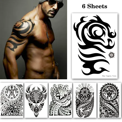 Vista 2 de Tatuajes temporales grandes negros, calcomanía de tatuaje de tótem tribal grande para hombres y mujeres, maquillaje de arte corporal, tatuaje falso